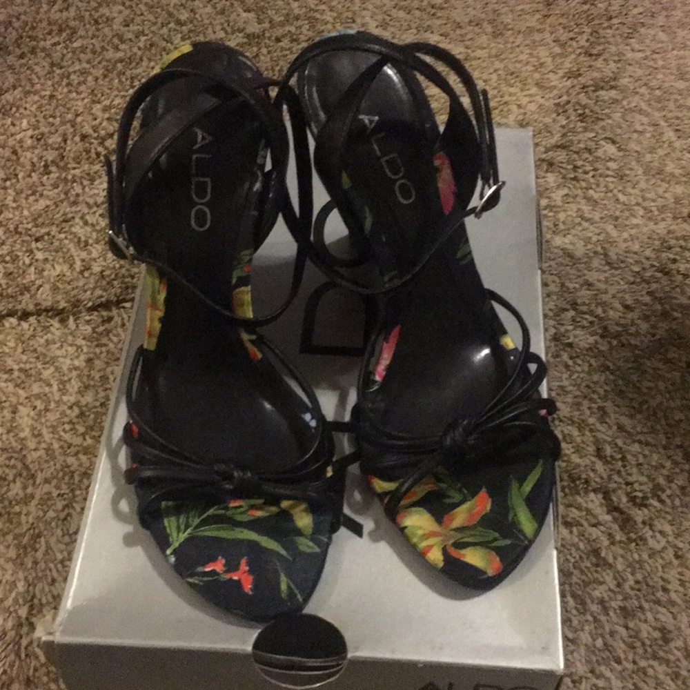 Aldo Black Floral Wedge Sandal